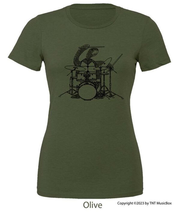 Turtle playing drums on an Olive shirt.