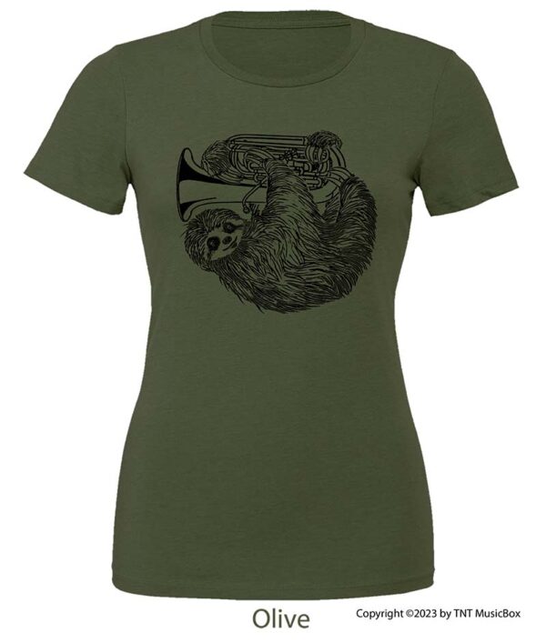 Sloth playing tuba on an olive shirt