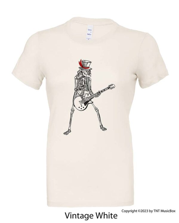 Skeleton Playing Guitar on a Vintage White T-shirt