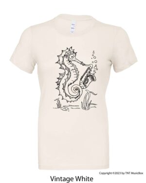 Seahorse playing saxophone on a Vintage White t-shirt