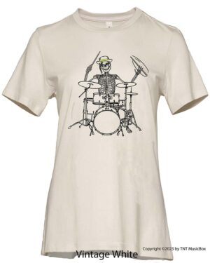 Skeleton playing drums on a Vintage White T-Shirt.