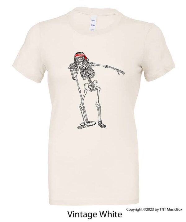 Skeleton singing on a Vintage White T-Shirt.