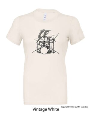 Turtle playing drums on a Vintage White T-shirt.