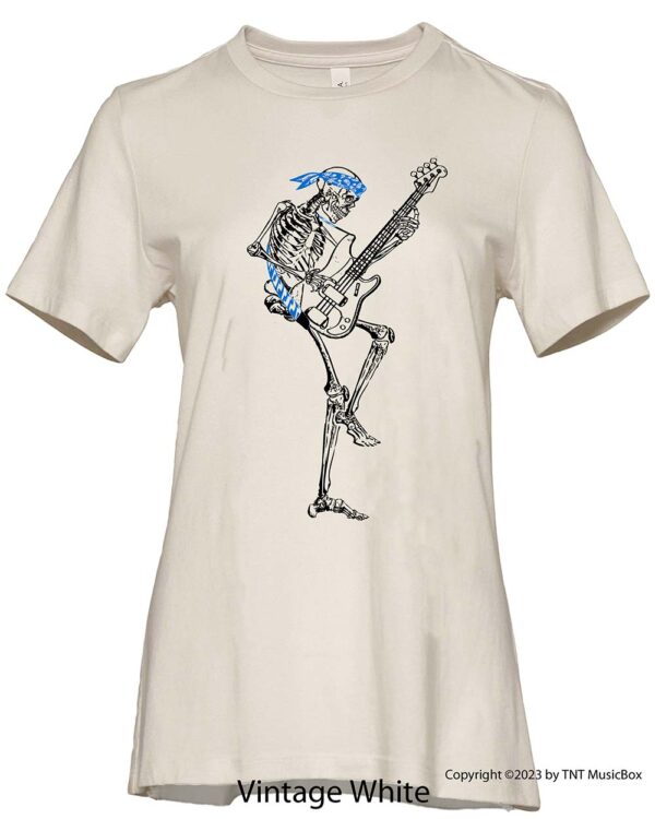 Skeleton Playing Bass on a Vintage White T-shirt.