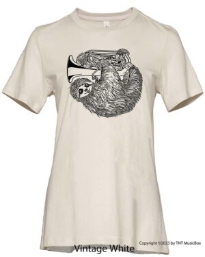 Sloth playing tuba on a Vintage White T-Shirt.