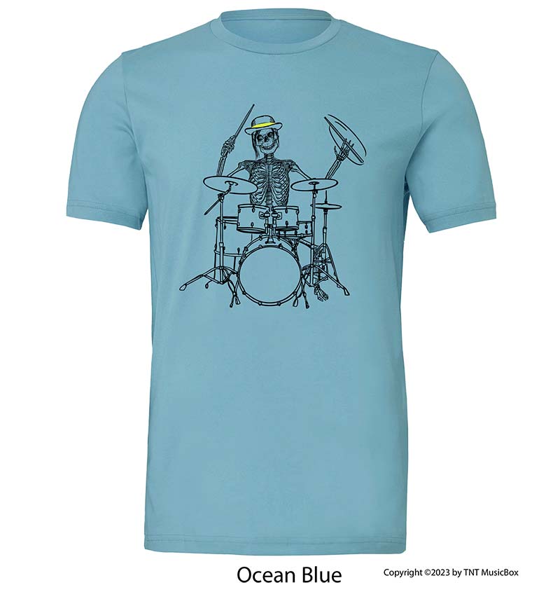Skeleton playing drums on an Ocean Blue T-Shirt.