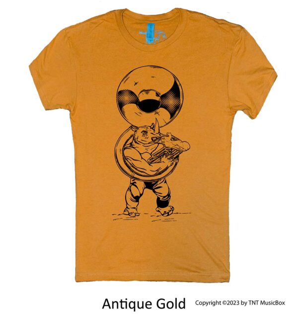 Rhino Playing Sousaphone on an Antique Gold T-shirt.