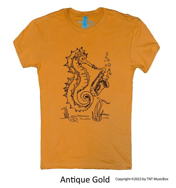 Seahorse playing saxophone on an Antique Gold t-shirt