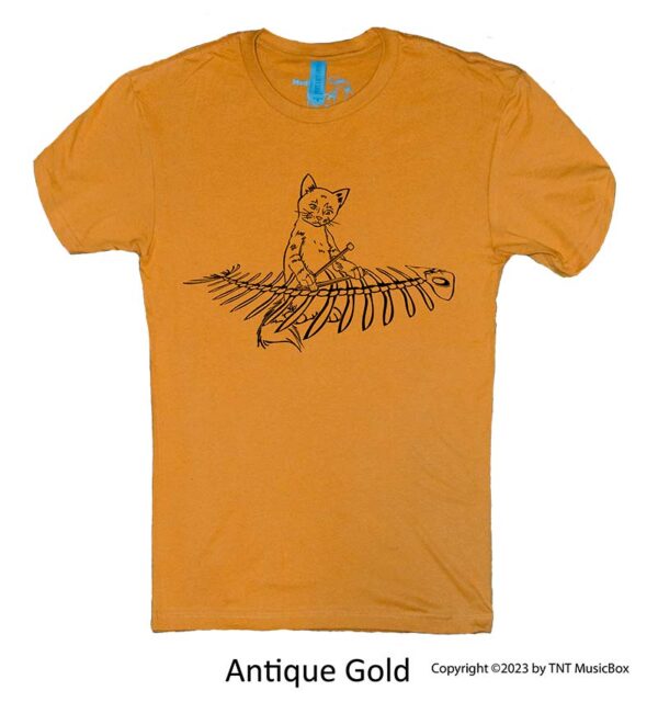 Cat Playing Marimba on an Antique Gold T-Shirt.