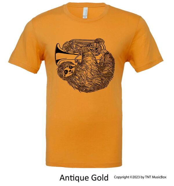 Sloth playing tuba on an Antique Gold T-Shirt.