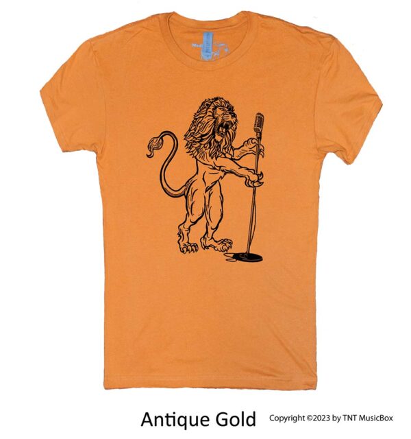 Lion Singing on an Antique Gold T-shirt.