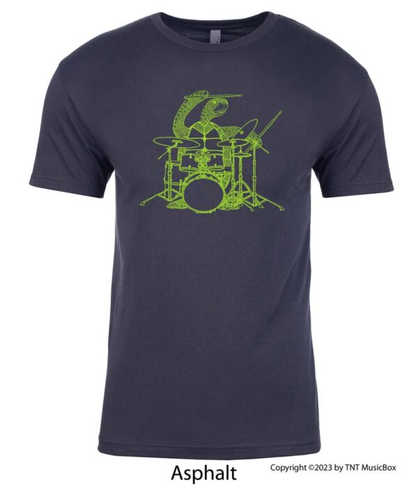 Turtle playing drums on an asphalt grey shirt.