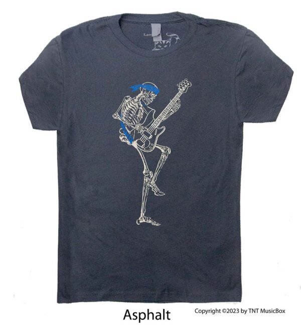 Skeleton Playing Bass on an Asphalt T-shirt