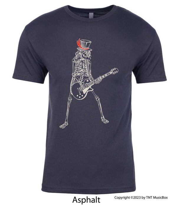 Skeleton Playing Guitar on an Asphalt T-shirt
