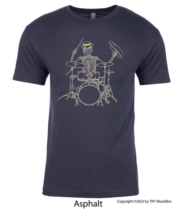 Skeleton playing drums on an Asphalt Grey T-Shirt.