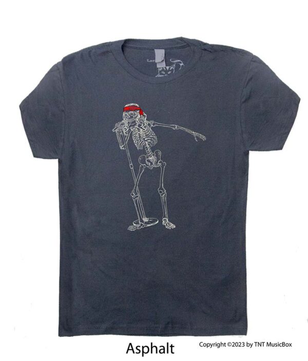 Skeleton singing on an Asphalt Grey T-Shirt.