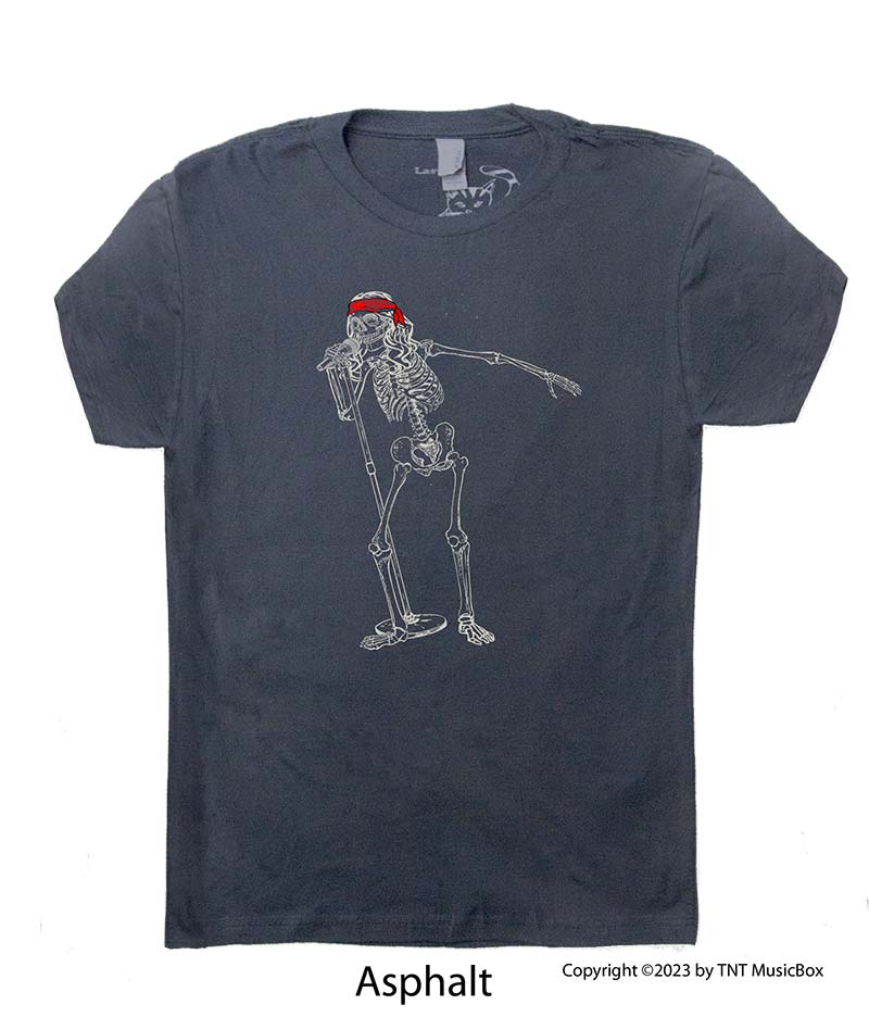 Skeleton singing on an Asphalt Grey T-Shirt.