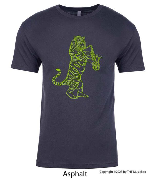 Tiger Playing a Saxophone on an Asphalt Grey T-Shirt