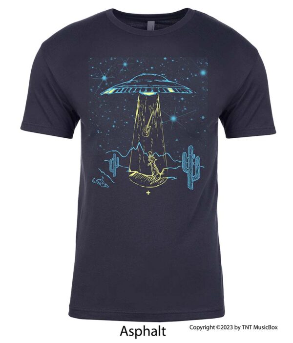 Space cat and space ship on an Asphalt Grey T-Shirt.