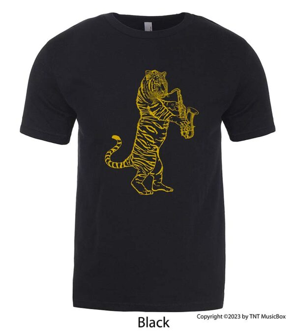 Tiger Playing a Saxophone on a Black T-Shirt.