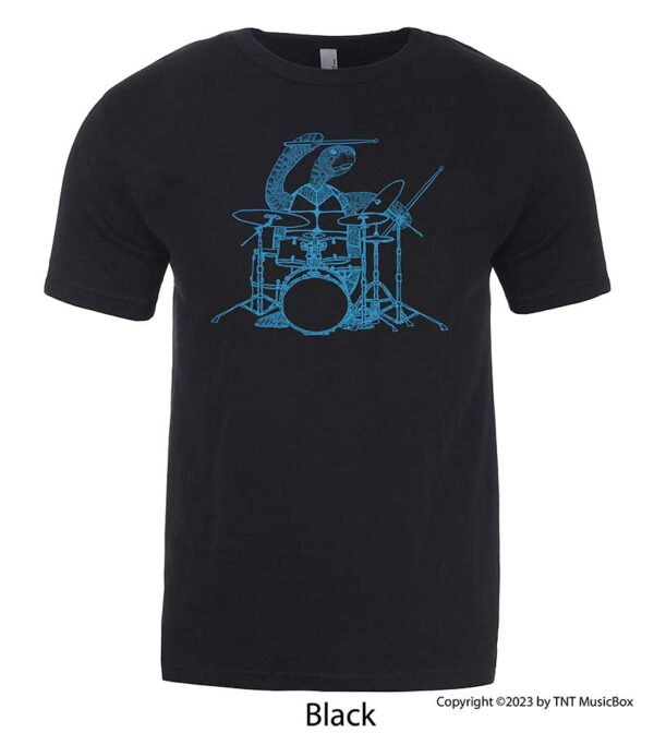 Turtle playing drums on a Black shirt.