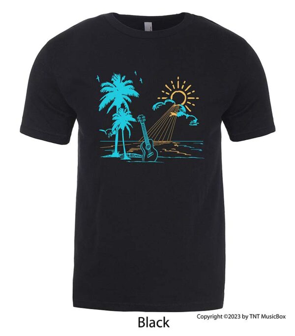 Ukulele on Beach graphic on a Black T-Shirt.