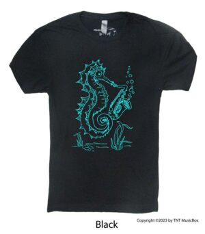 Seahorse playing saxophone on a Black t-shirt