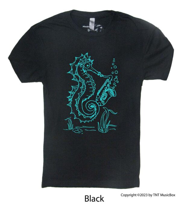 Seahorse playing saxophone on a Black t-shirt