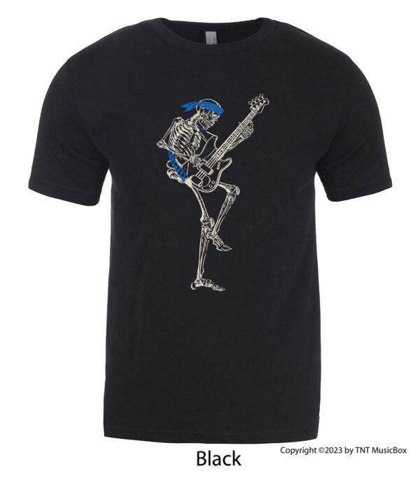 Skeleton Playing Bass on a Black T-shirt