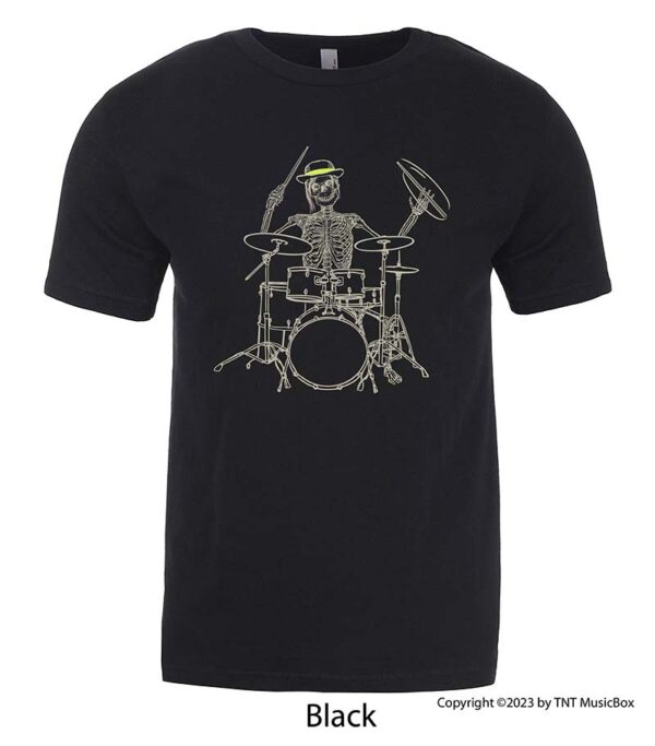 Skeleton playing drums on a Black T-Shirt.