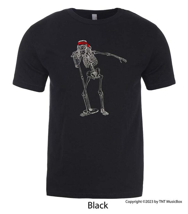Skeleton singing on a Black T-Shirt.