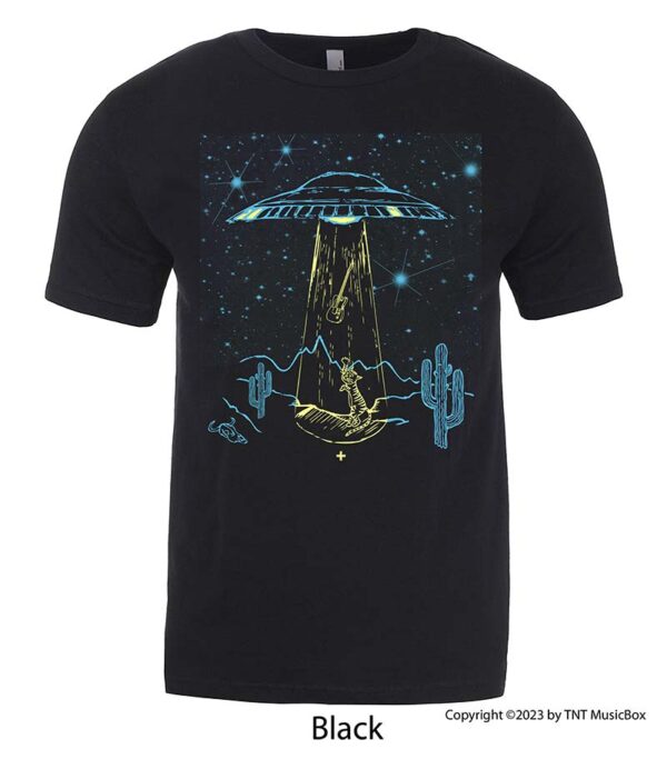 Space cat and space ship on a Black T-Shirt.