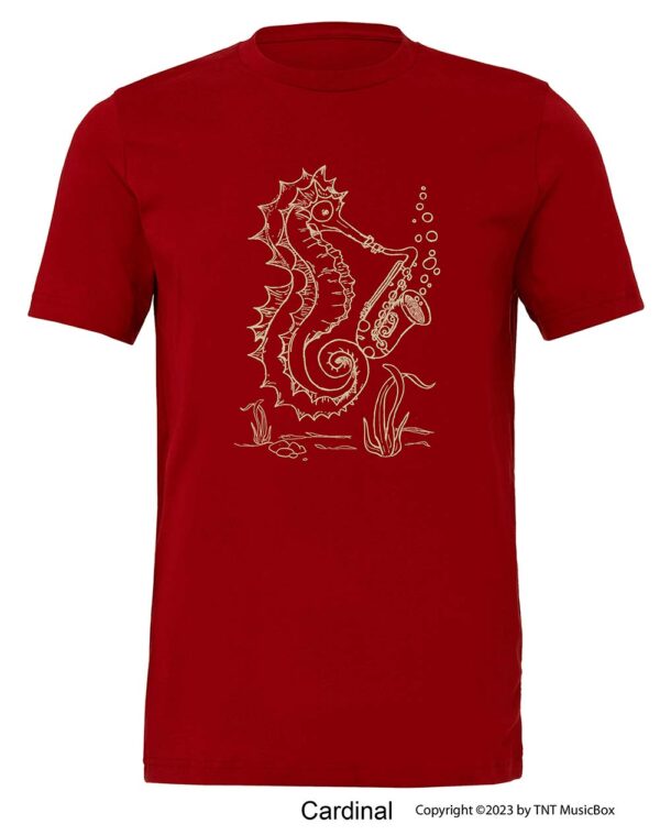 Seahorse playing saxophone on a Cardinal t-shirt