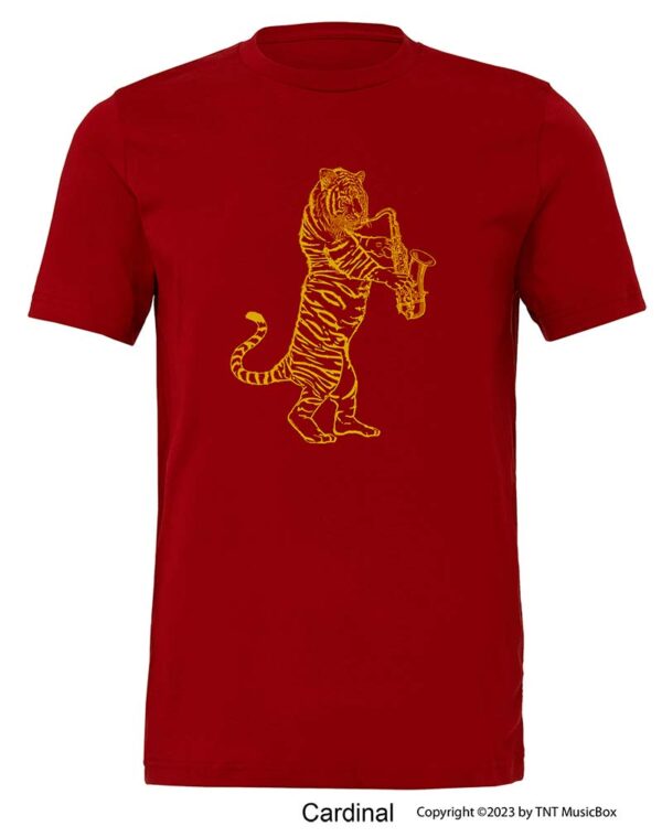 Tiger Playing a Saxophone on a Cardinal T-Shirt.