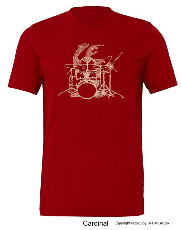 Turtle playing drums on a Cardinal T-shirt.