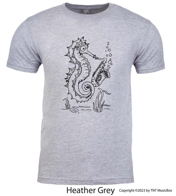 Seahorse playing saxophone on a Heather Grey t-shirt