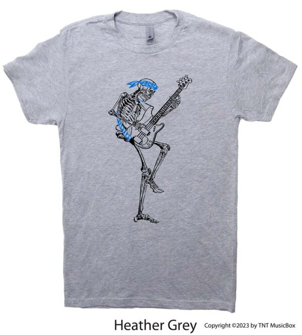 Skeleton Playing Bass on a Heather Grey T-shirt.