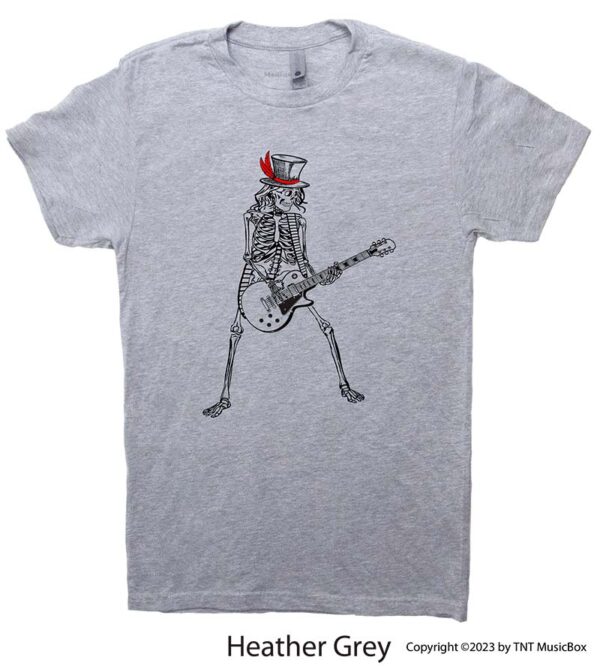 Skeleton Playing Guitar on a Heather Grey T-shirt