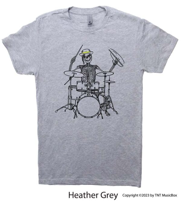Skeleton playing drums on a Heather Grey T-Shirt.