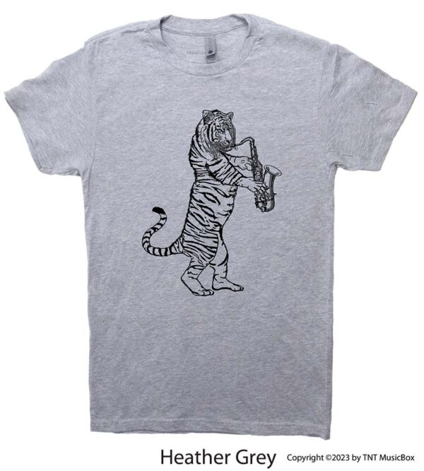 Tiger Playing a Saxophone on a Heather Grey T-Shirt.