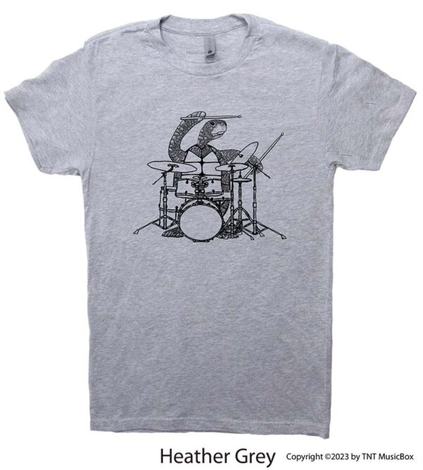 Turtle playing drums on a Heather Grey T-shirt.