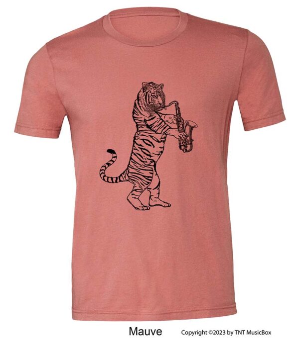 Tiger Playing a Saxophone on a Mauve T-Shirt.