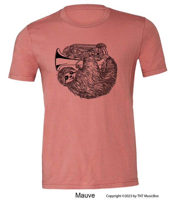 Sloth playing tuba on a Mauve T-Shirt.