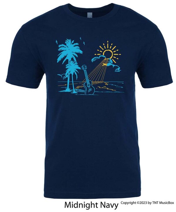 Ukulele on Beach graphic on a Navy T-Shirt.