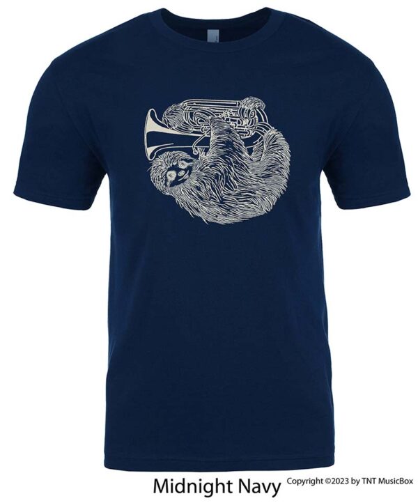 Sloth playing tuba on a Navy T-Shirt.