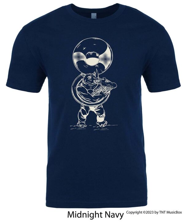 Rhino Playing Sousaphone on a Navy T-shirt.