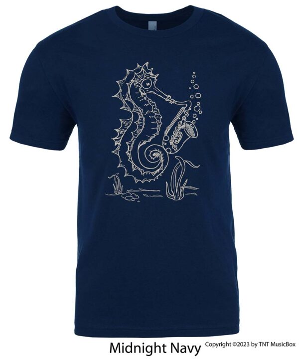 Seahorse playing saxophone on a Navy t-shirt