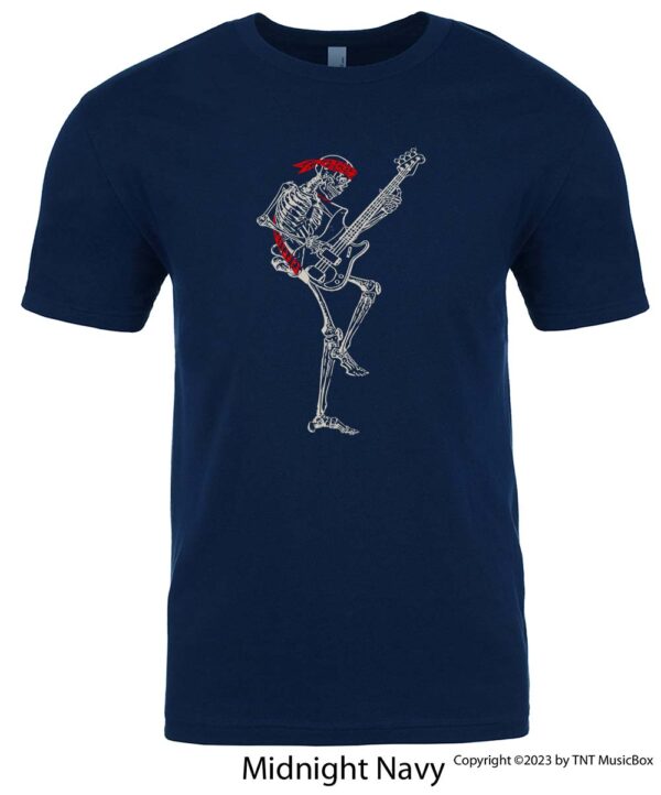 Skeleton Playing Bass on a Navy T-shirt.