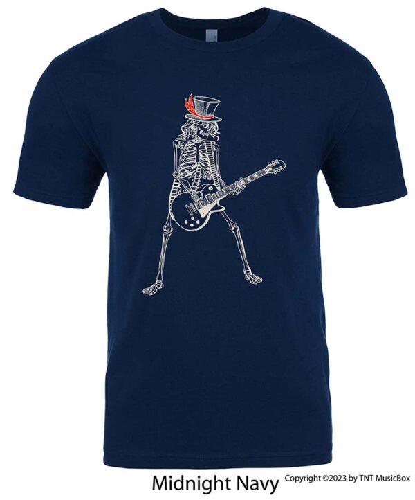 Skeleton Playing Guitar on a Navy T-shirt