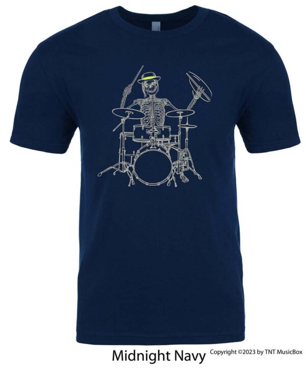 Skeleton playing drums on a Navy T-Shirt.